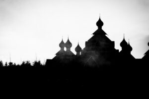 Building shot against sunlight, black and white